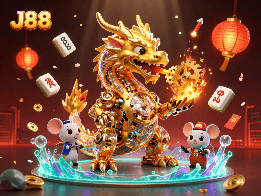 Engage with J88's immersive 3D gaming universe featuring a biomechanical dragon and interactive gameplay elements.