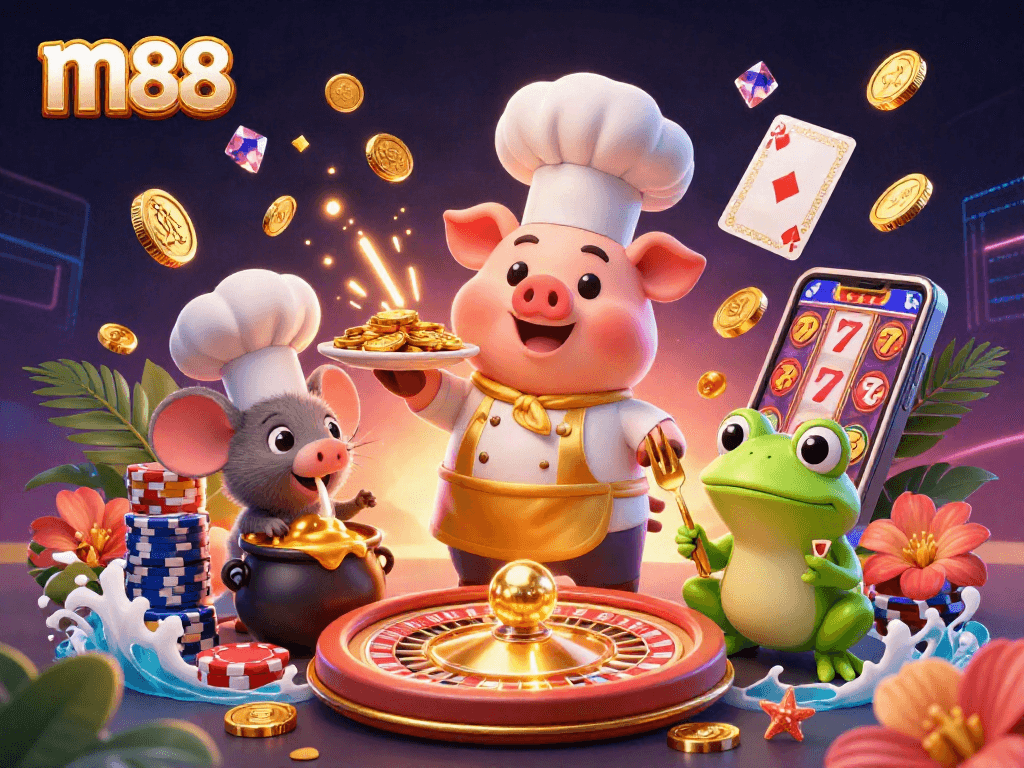 Experience winning moments with m88 in a vibrant 3D casino scene featuring golden coins, playing cards, and characters.