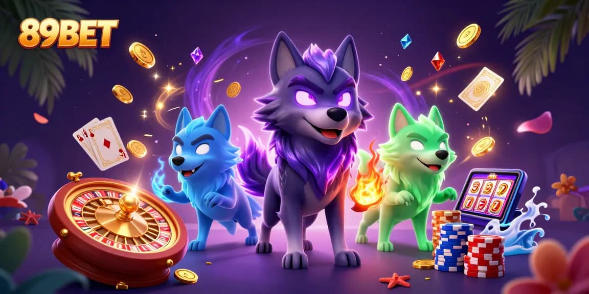 Bet and win big with 89BET in this vibrant 3D casino illustration showcasing exciting game elements.