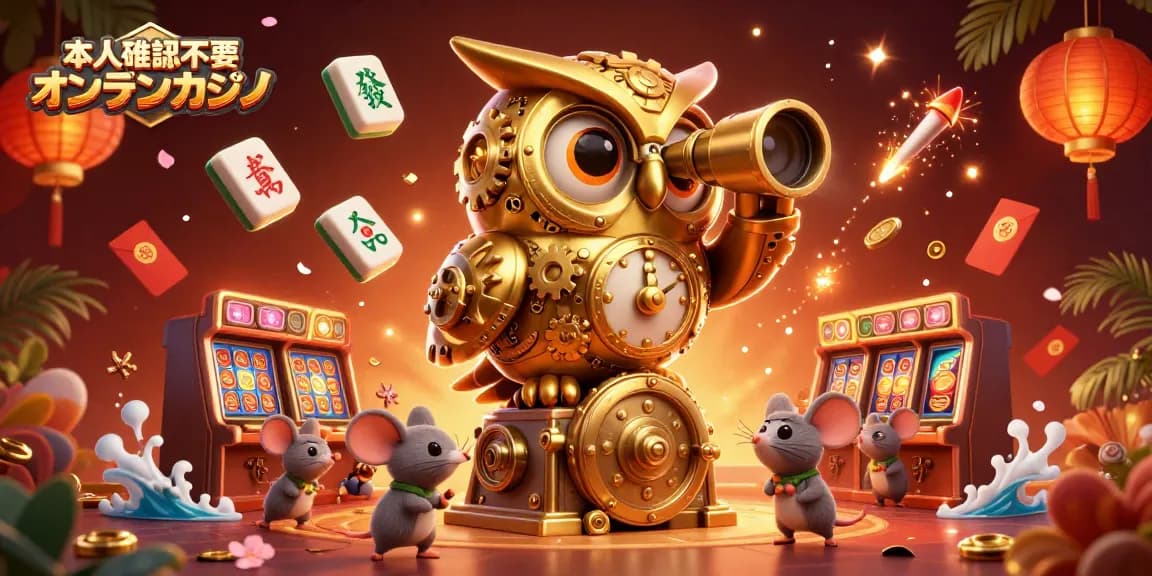 本人確認不要オンラインカジノでのプレイを楽しむ金色のフクロウたちの3Dイラスト