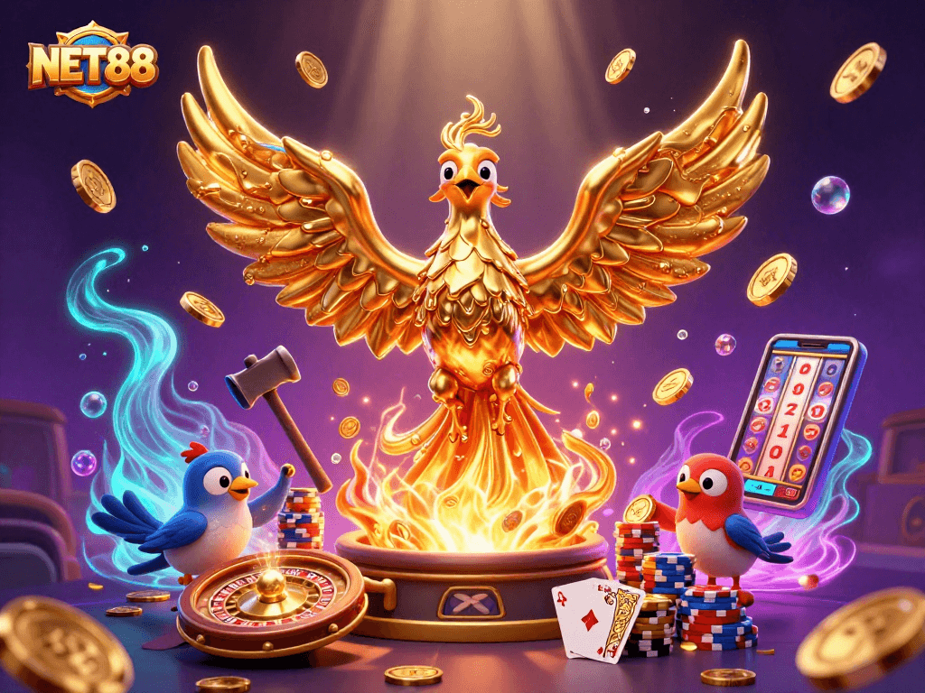 Experience the allure of NET88’s vibrant casino scene with a molten phoenix and dazzling gaming elements.