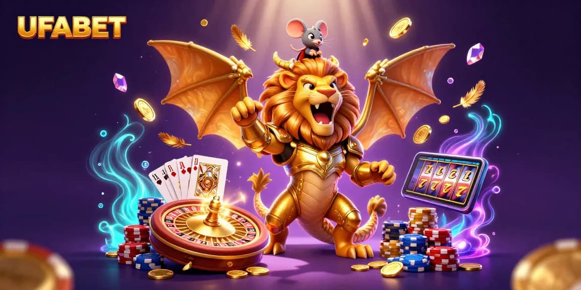 UFABET offers exhilarating betting action amidst a vibrant casino scene filled with golden coins and dazzling elements.