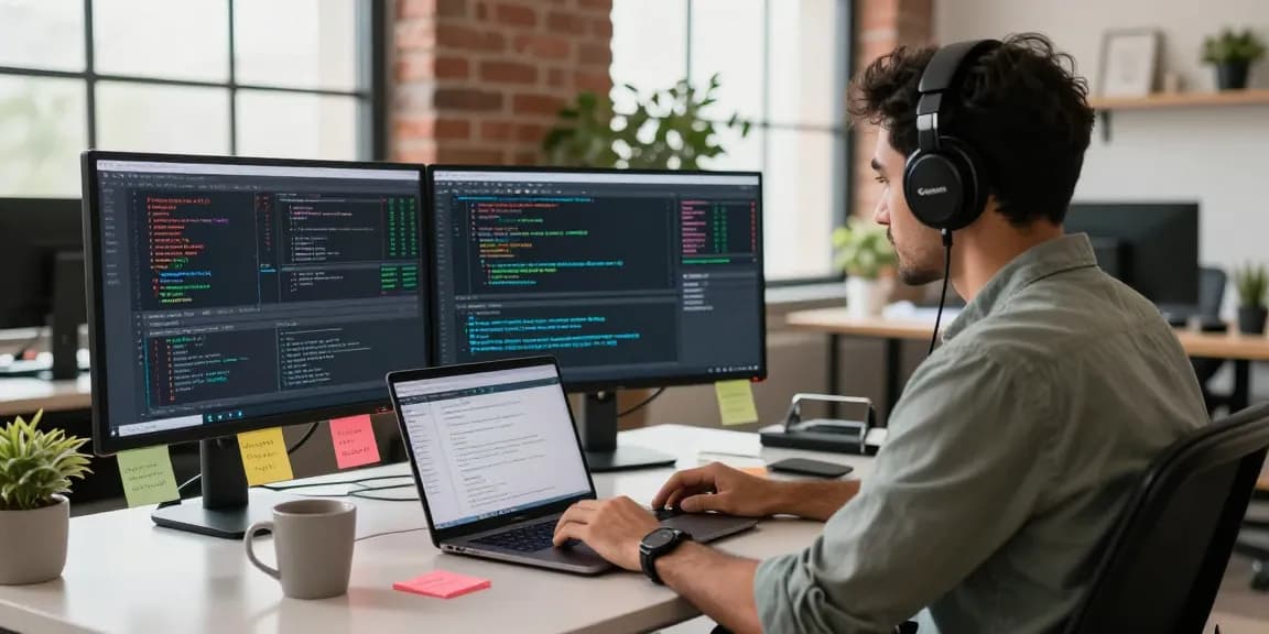 Developer working on multi-ticker India stock API integration in a modern office.