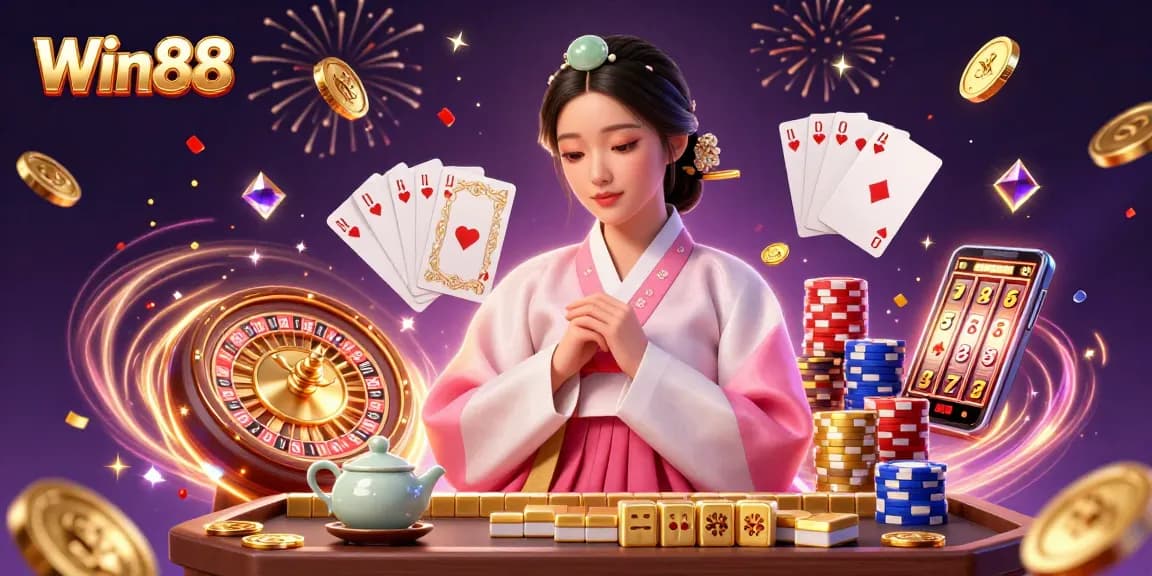 Experience the vibrant world of Win88 with dynamic casino elements and elegant character interactions.