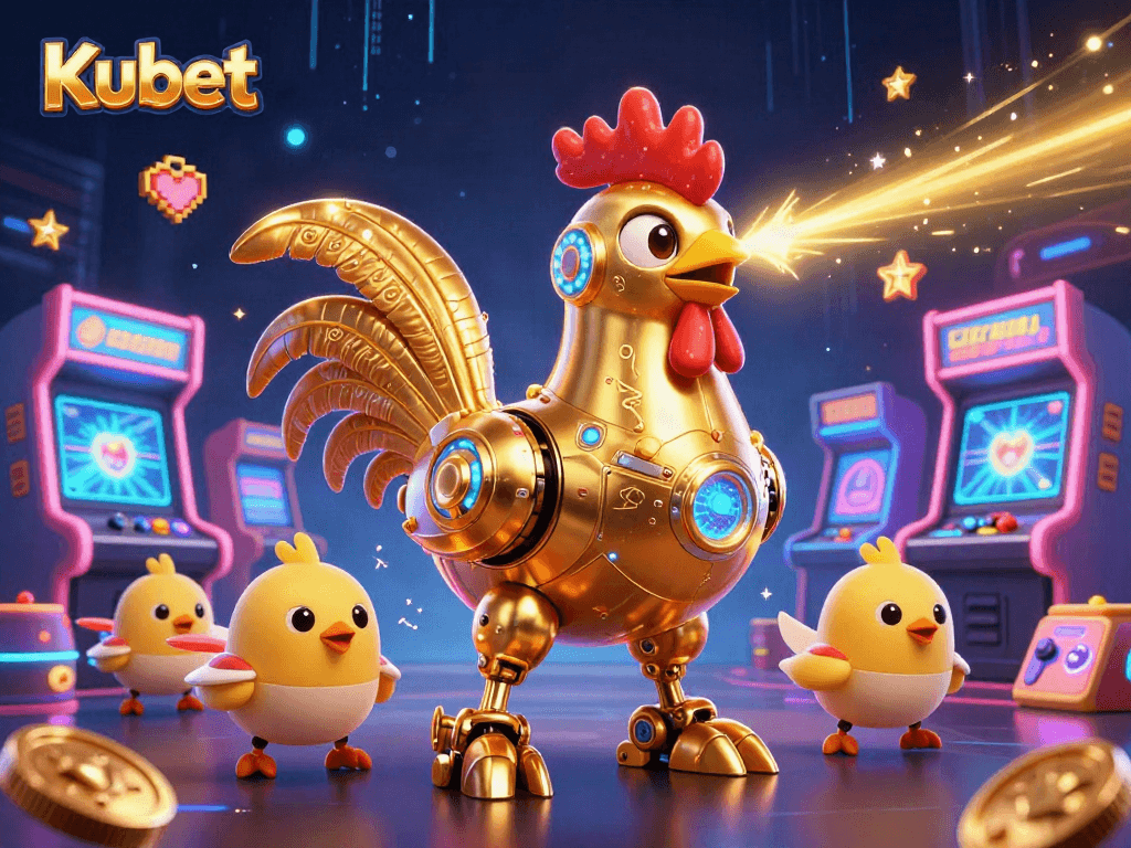 Kubet showcases a vibrant 3D casino scene featuring a golden rooster robot, arcade games, and colorful elements.
