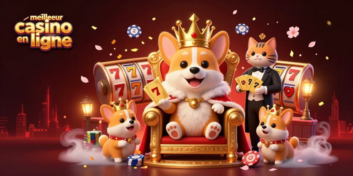Le meilleur casino en ligne : Illustration d'un corgi royal entouré de jeux de machines à sous et de confettis dorés.