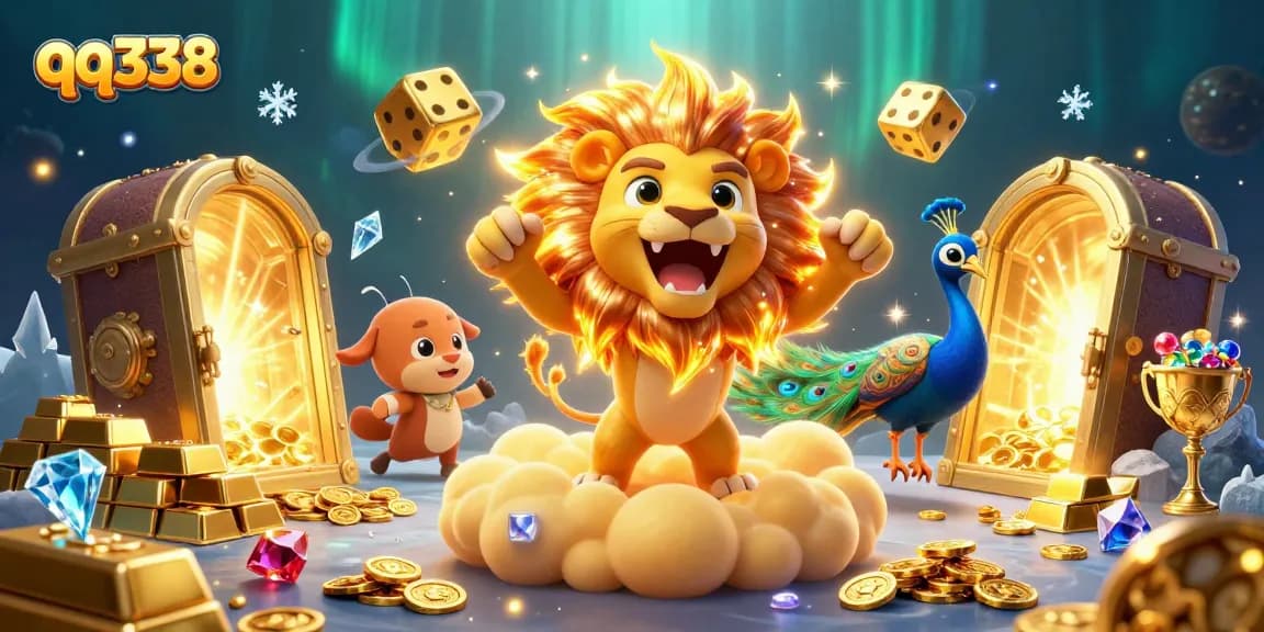 Experience thrilling gameplay with qq338 as golden dice and treasures illuminate the scene in this vibrant 3D illustration.