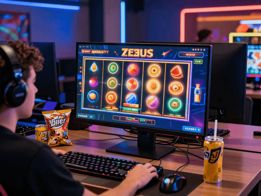 Engaged player experiencing Zeus Slot on apizeus777 online casino platform with dynamic gaming setup.