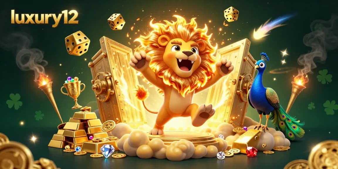 Engage with luxury12 as a 3D sun lion roars amidst dazzling casino treasures and golden elements.