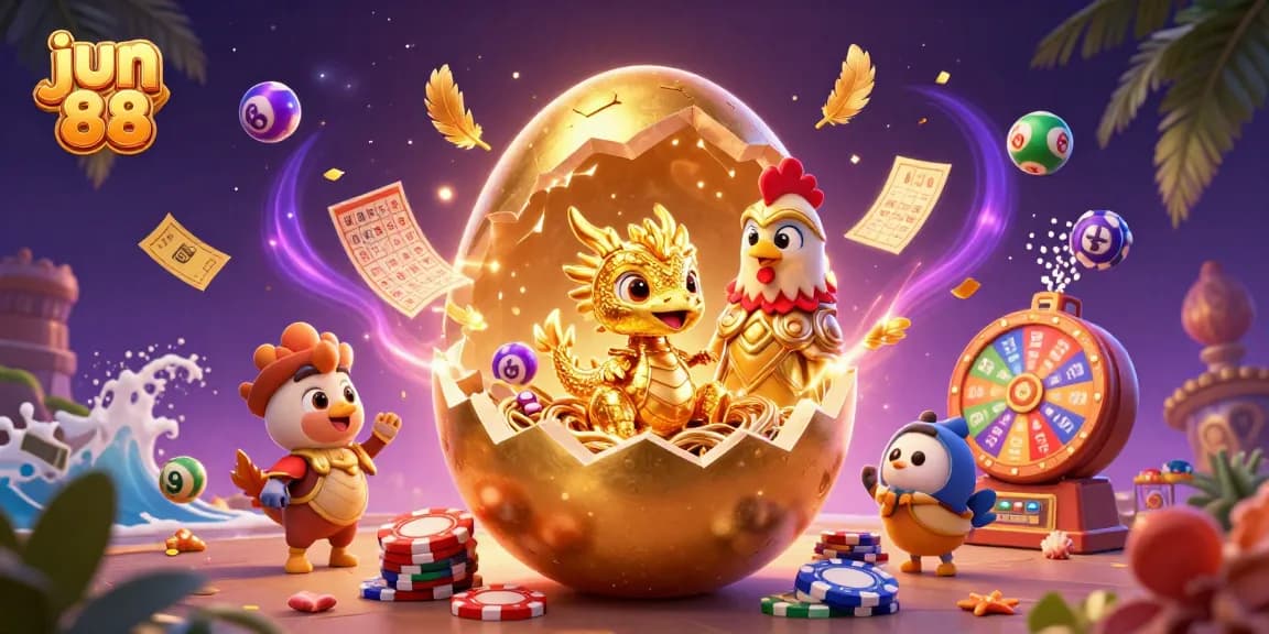 Experience thrilling action at jun 88 with 3D gold dragon amidst casino games and lottery excitement.