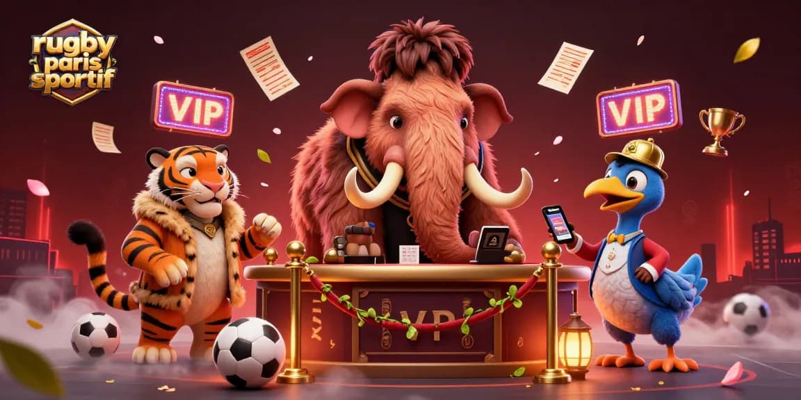 Pariez sur rugby paris sportif avec un bouncer mammouth, un VIP tigre, et un portier dodo dans une illustration dynamique.
