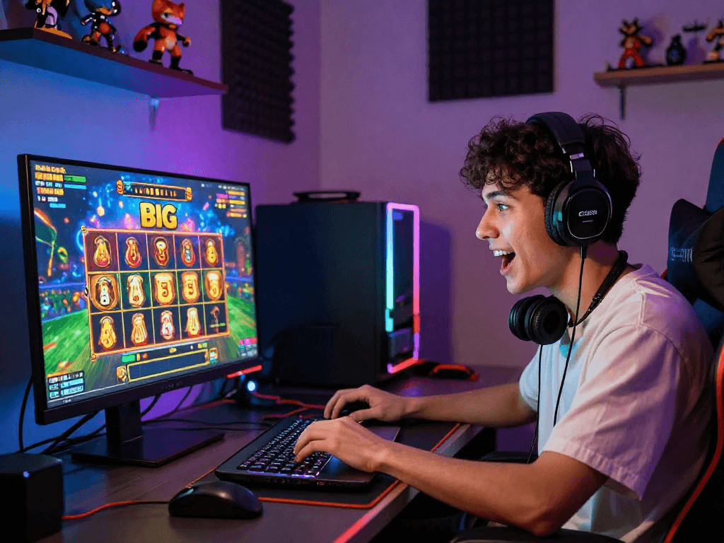 Excited player enjoying slot gacor game on modern laptop, capturing big wins.