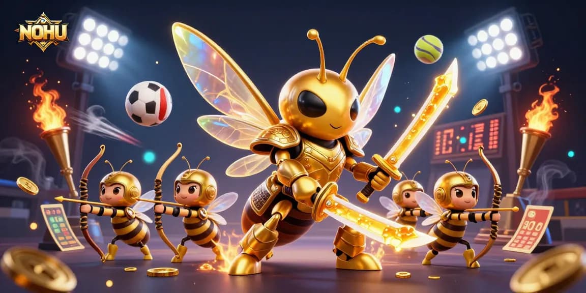 NOHU sports betting scene featuring a golden hornet and bee archers amid trophies and dynamic sports elements.