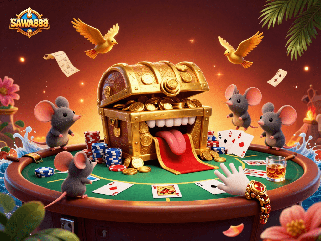 Experience the excitement of SAWA888 with new treasures in this vibrant 3D casino scene showcasing thrilling gameplay.