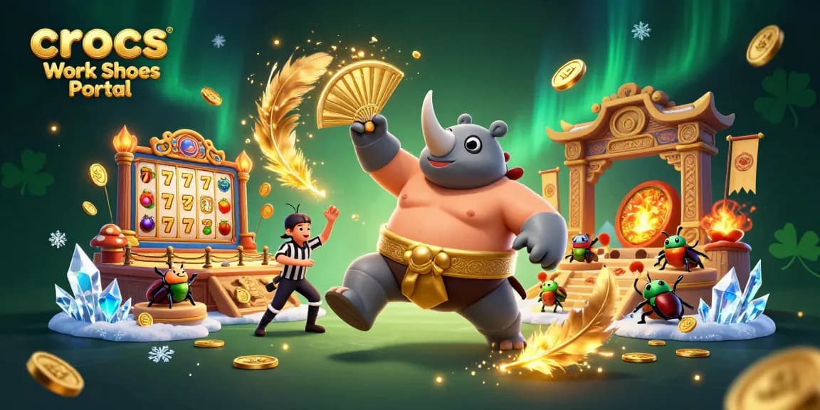Crocs Work Shoes Portal features a playful scene with a rhinoceros beetle sumo champion among vibrant gaming symbols and coins.