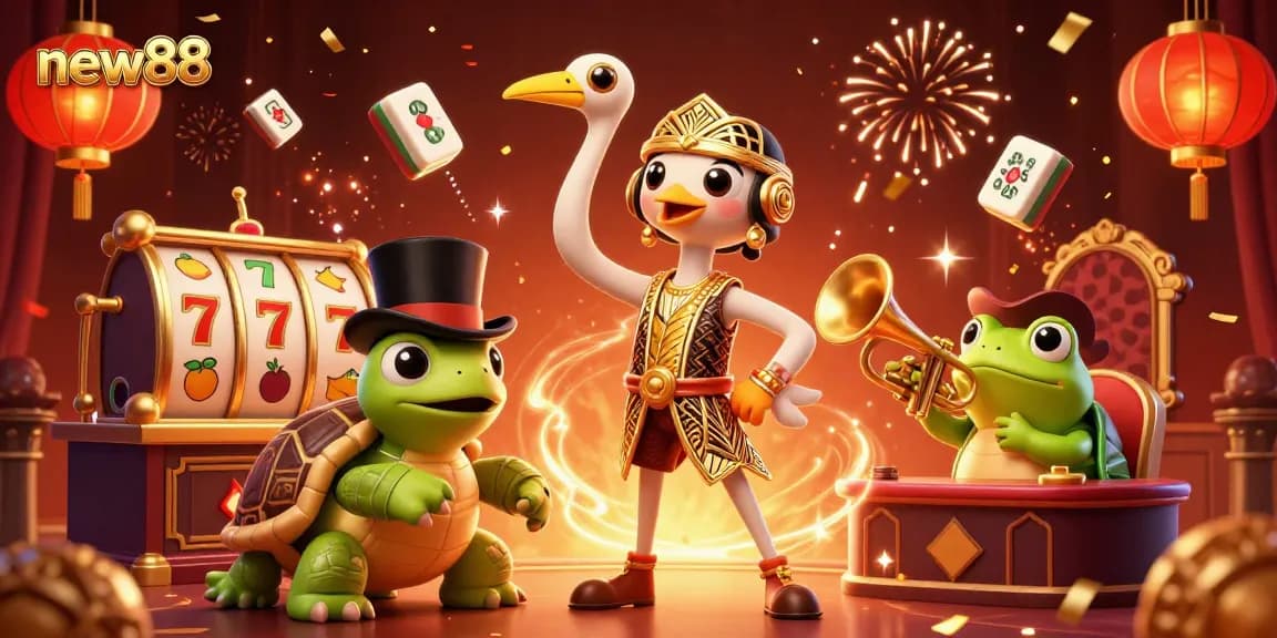 Engage with new88's vibrant casino scene featuring lively characters and festive gaming elements.