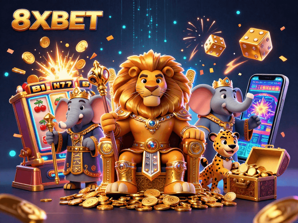 Experience the excitement of 8XBET with a royal lion king and gambling elements in vibrant 3D art.