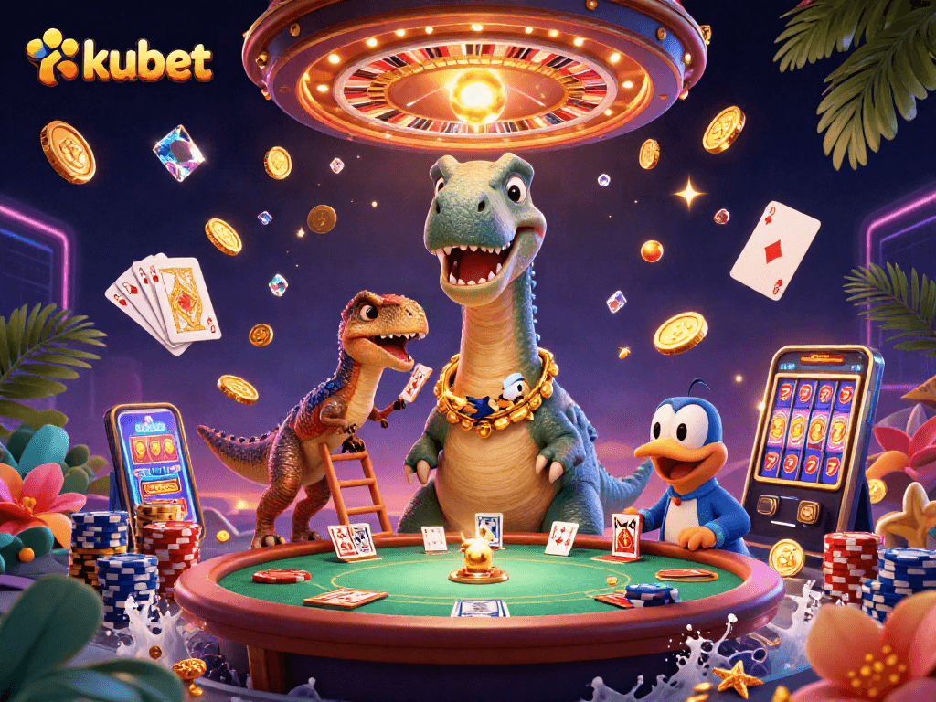 Experience kubet excitement with a playful dinosaur dealer and dazzling casino elements.