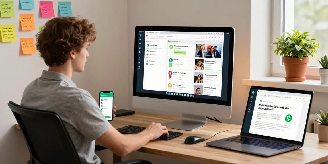 Engaged user navigating WhatsApp網頁版 on desktop in a bright office.