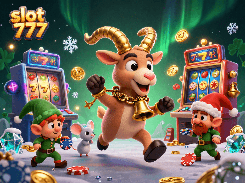 Spin the slot 777 reels with vibrant casino elements and playful characters in a festive scene.