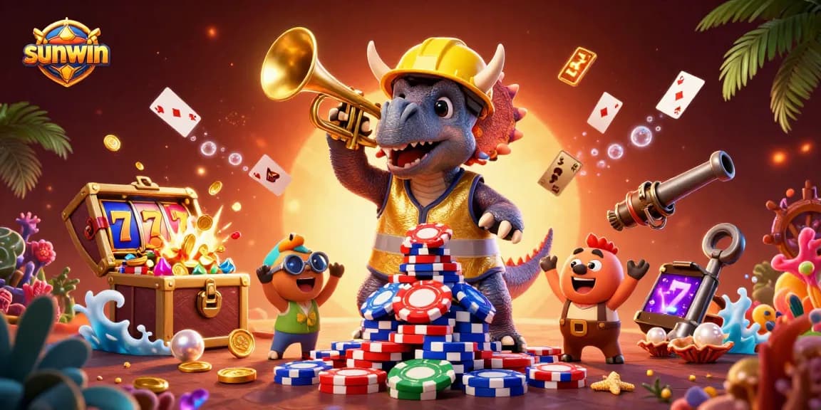 Experience thrilling gaming with Sunwin's exciting slots and poker chips in this lively illustration.
