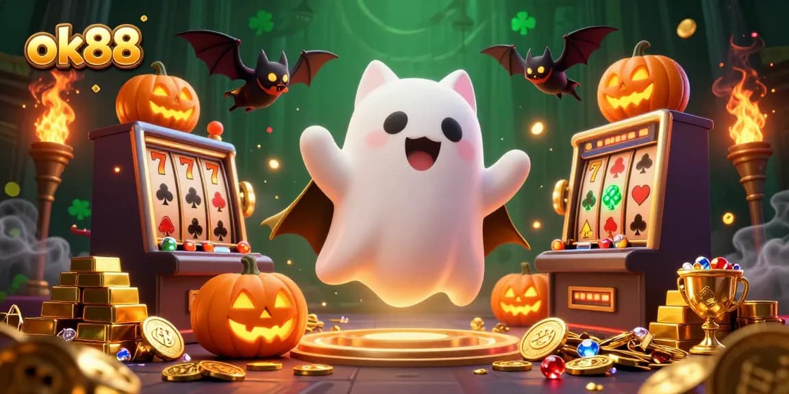 Engage with exciting slots at ok88 while a friendly ghost cat explores a haunted casino.