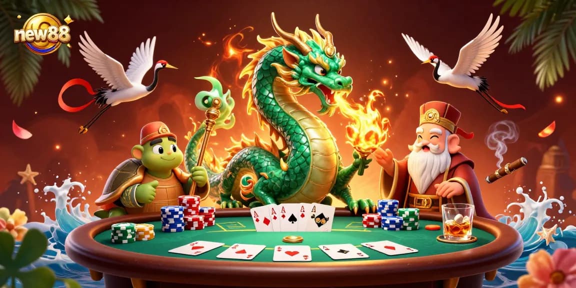Engage with new88 in this vibrant 3D casino scene featuring dynamic gaming elements and mythical characters.