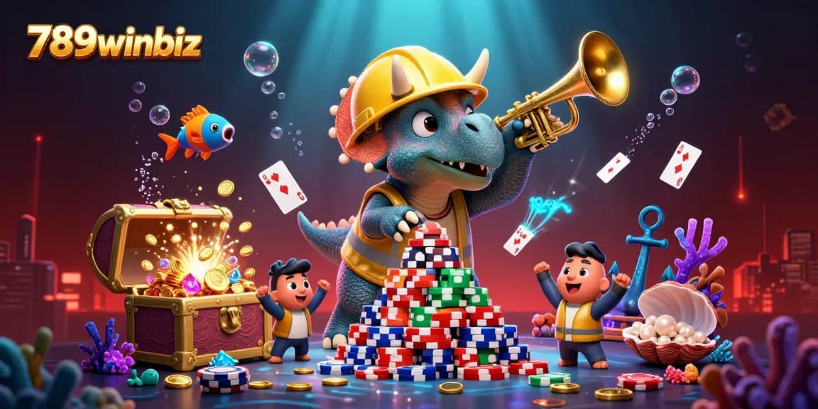 Cheerful scene depicting a triceratops building poker chips while celebrating with 789winbiz at a casino-themed underwater adventure.