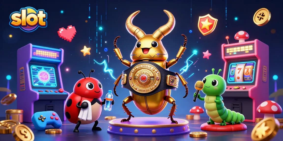 Experience thrilling slot gameplay with a giant golden stag beetle amidst vibrant casino elements.