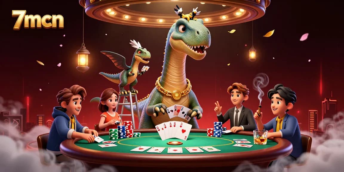 Engage with the thrilling appeal of 7mcn as a brontosaurus towers over a poker game in a vibrant casino.