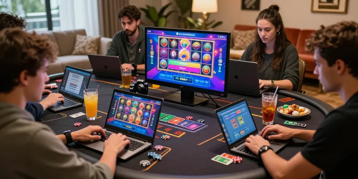 Players engaging with rokok88 slot login on laptops, showcasing an exciting online casino atmosphere.