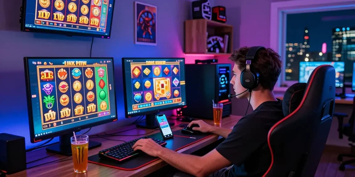 Player enjoying link slot games in a vibrant home gaming setup.