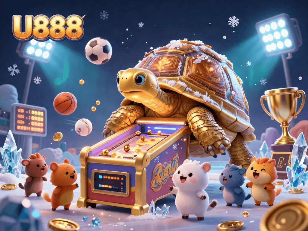 Engage with U888 in a lively 3D scene featuring a colossal tortoise pinball machine and excited animals.
