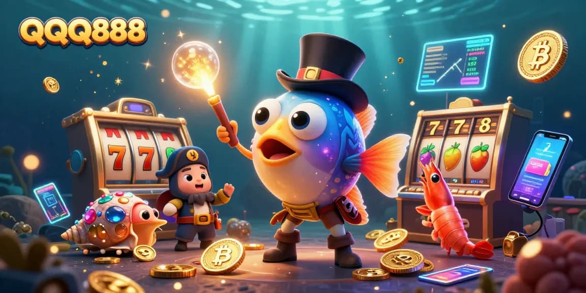 Experience winning thrills at QQQ888 with vibrant characters and slot game elements in an engaging 3D scene.