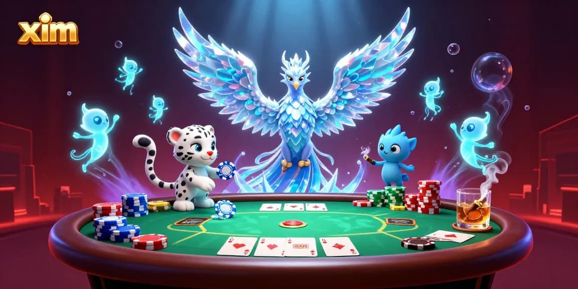 Play poker with xim, featuring an ice phoenix and a snow leopard cub amid chips and cards.
