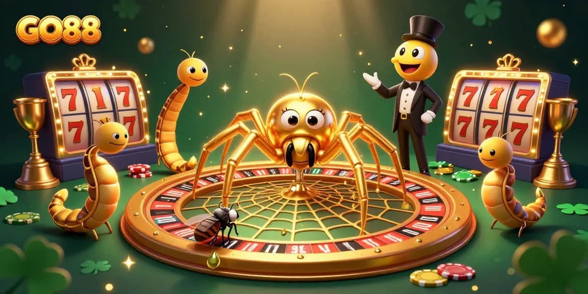 GO88-themed illustration showcasing a spider and centipede croupier in a dynamic casino scene.