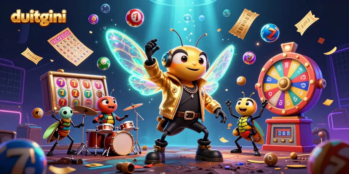 Dive into exciting gambling with duitgini's vibrant scene featuring slot reels, jackpots, and animated characters.