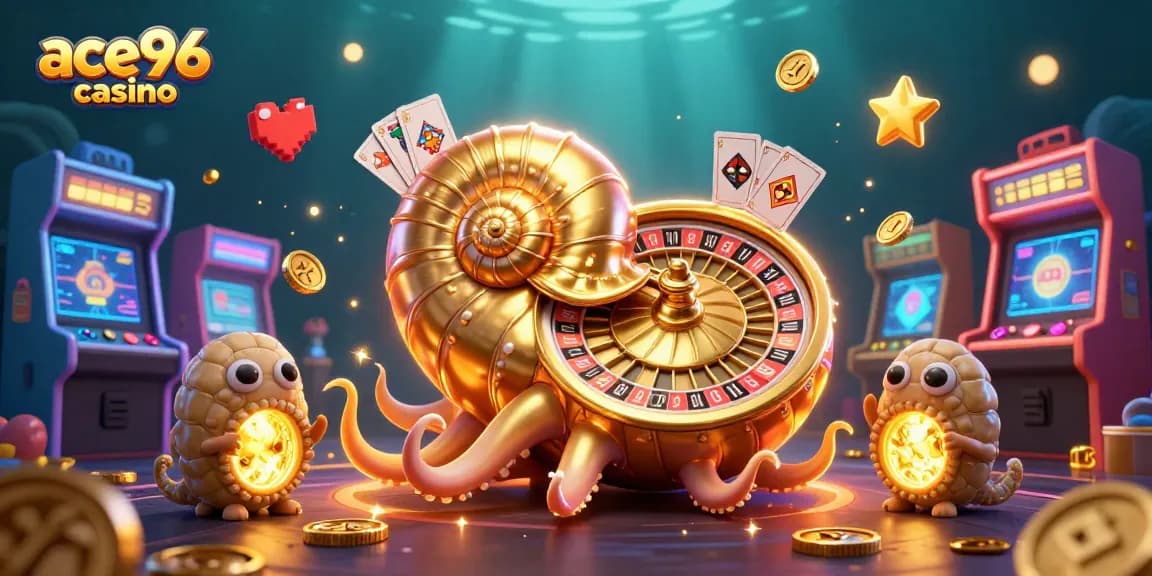 Experience the excitement at ace96 casino with glowing nautilus and vibrant game elements in this vivid illustration.