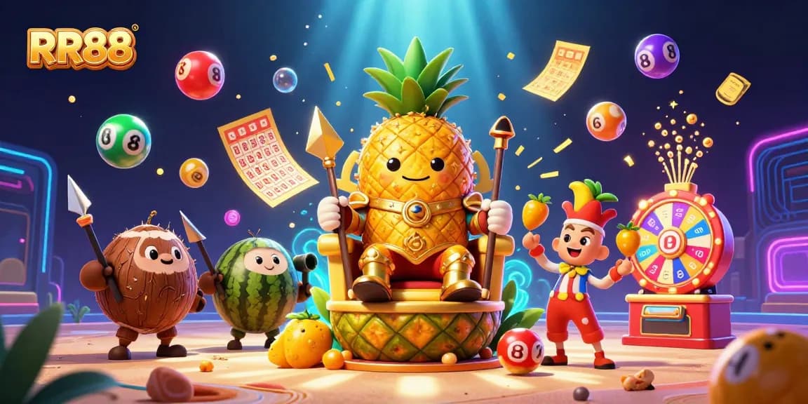 RR88 invites players to enjoy a vibrant beach casino scene featuring unique characters and casino game elements.