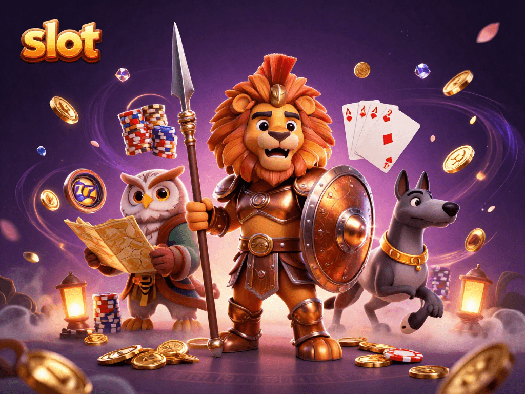 Spin slot reels with cascading coins and vibrant poker chips in this dynamic casino scene.