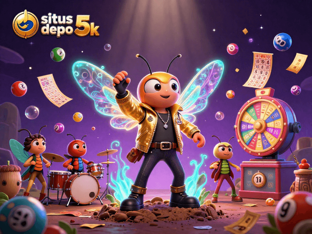 Play and win with situs depo 5k, featuring a lively 3D casino rock star scene.