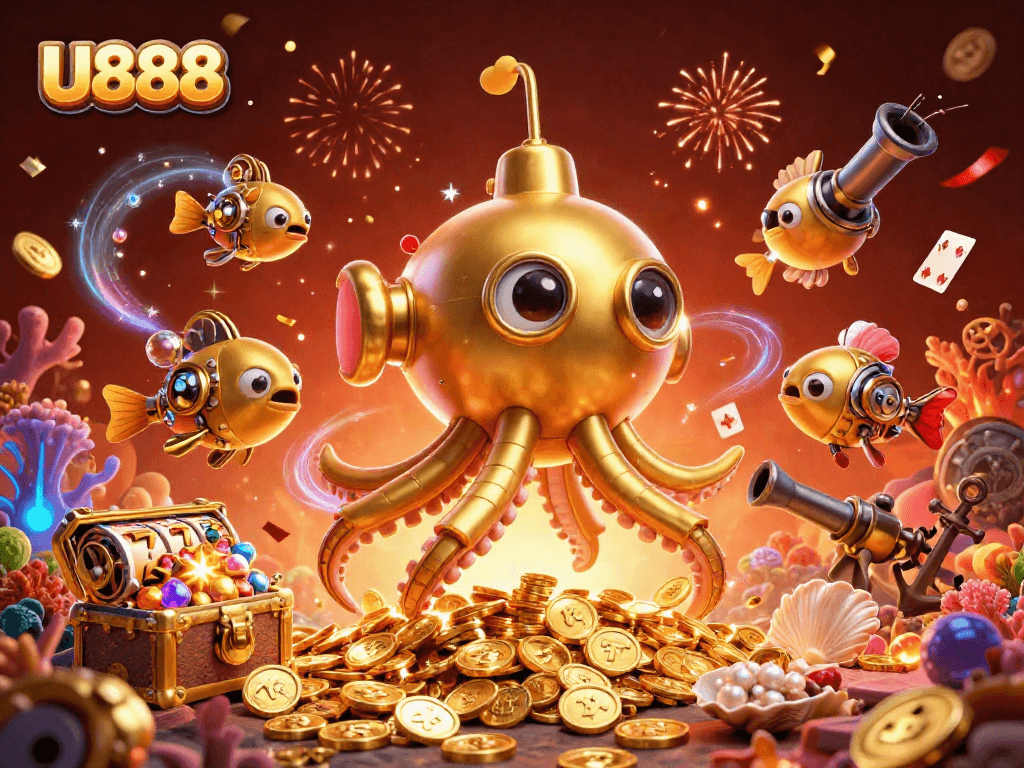 Engaging U888 3D casino illustration featuring a golden kraken and slot reels amidst treasure.