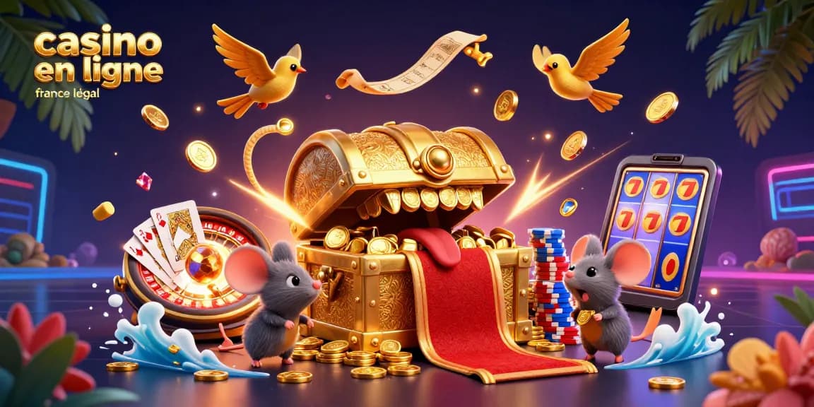 Découvrez le casino en ligne légal en France avec un coffre au trésor 3D animé attirant des souris aventurières.