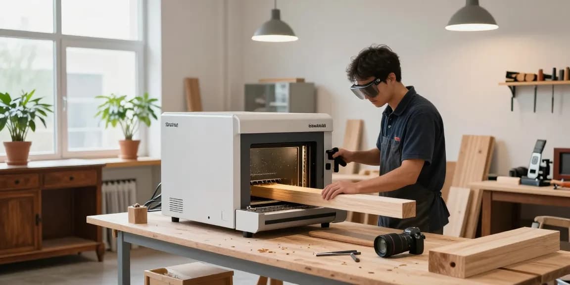 Shashel microwave equipment effectively eliminating woodworms in a modern workshop.