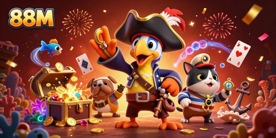 Play and win with 88M's vibrant cartoon scene filled with treasure, cards, and celebration.