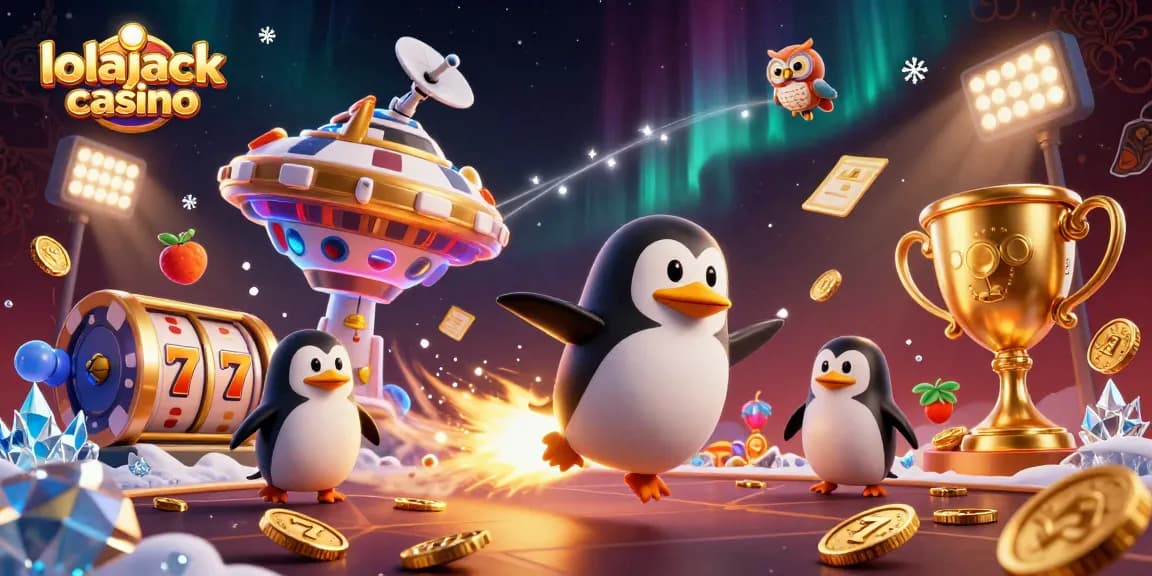 Experience the excitement at lolajack casino with a golden penguin and dynamic gaming elements.