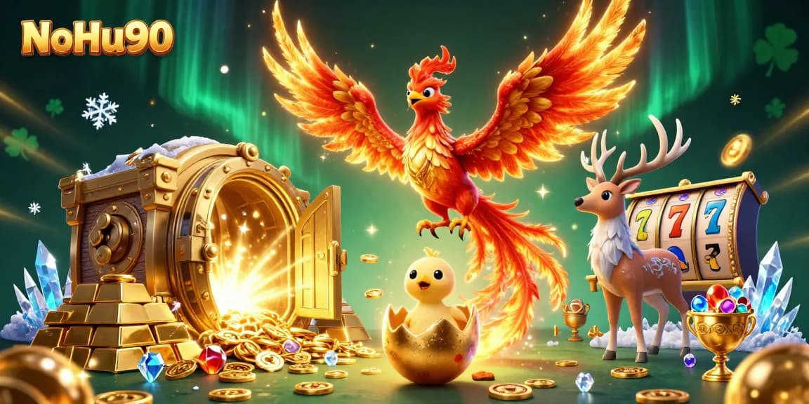 NoHu90 brings excitement with a vibrant phoenix scene surrounded by treasures and jackpots.