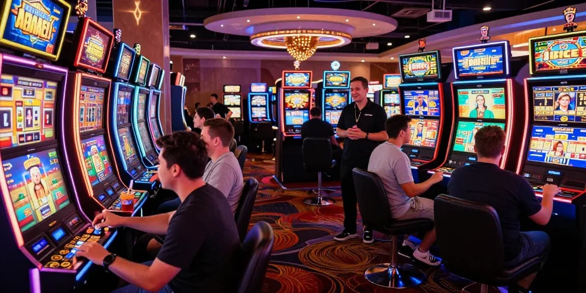 Players enjoying the thrill of slot machines in a vibrant casino.