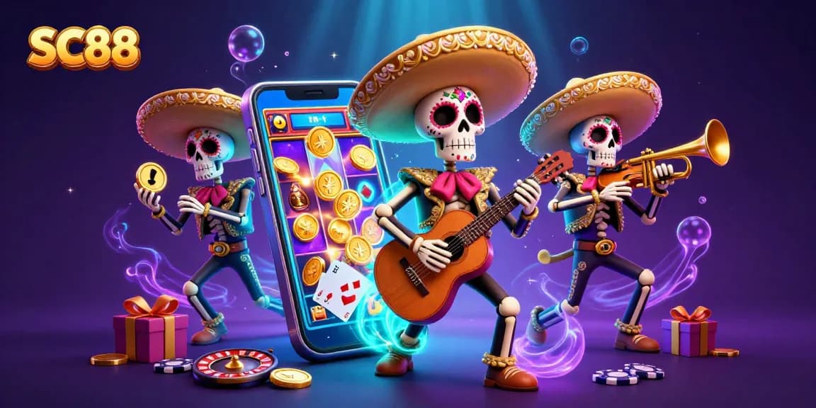 Experience the excitement of SC88 with a vibrant 3D illustration featuring a mariachi band celebrating casino games.