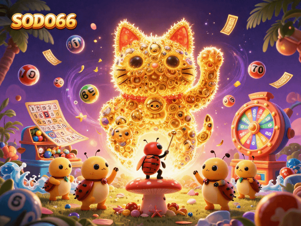 Engage with SODO66's lively casino atmosphere featuring a lucky cat and vibrant lottery elements.